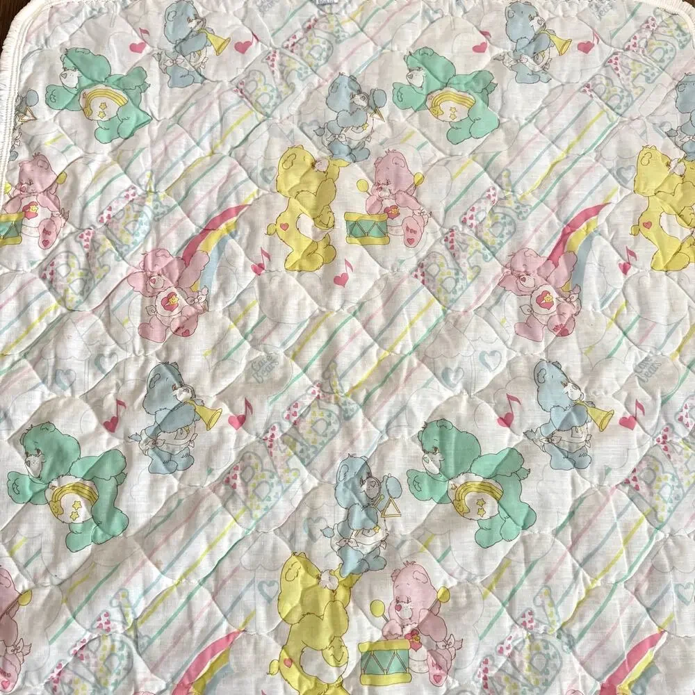 Vintage Curity Care Bears Baby Crib Quilted Blanket Musical Notes 80's Pastel